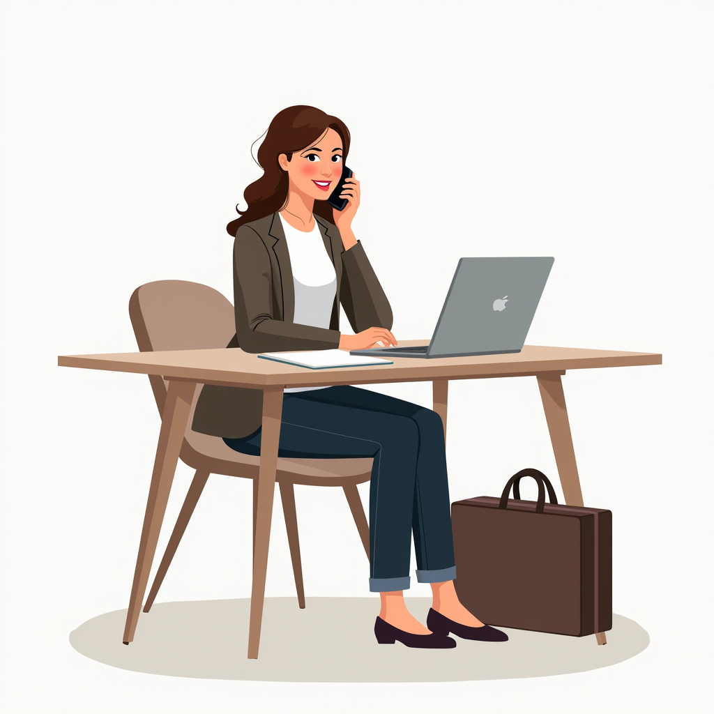 An illustration of a woman in an office setting, sitting at a desk on her laptop with a phone to her ear, exuding a professional and focused vibe.