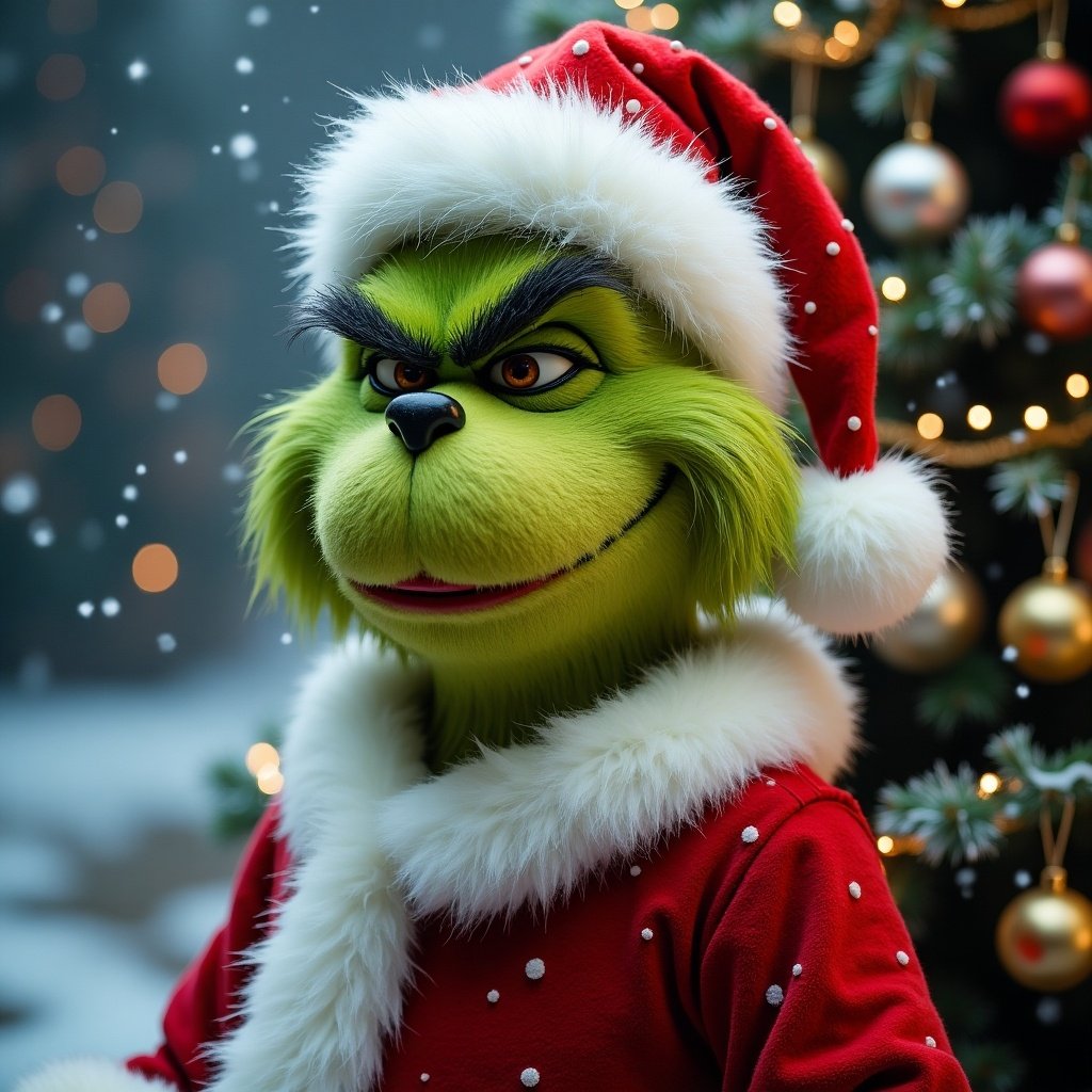 Grinch character dressed in Santa Claus attire with a decorated snowy Christmas tree in the background.