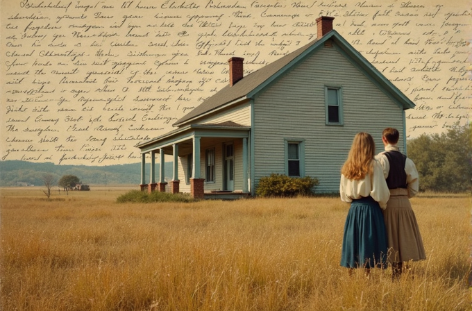 A couple gazes at a rustic house with handwritten letters in the background, evoking a sense of nostalgia and history.