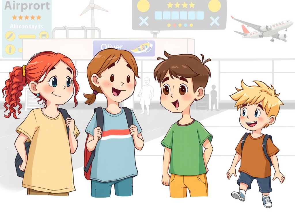 A group of cartoon children with backpacks at an airport terminal, excitedly looking around.