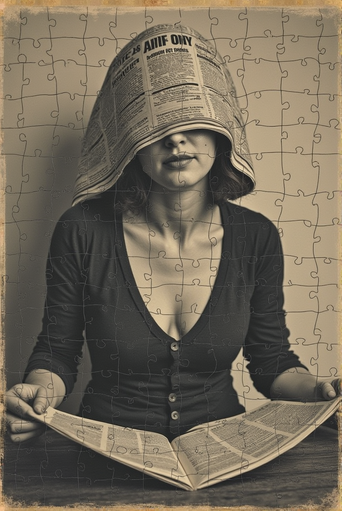 An artistic puzzle image of a person with a newspaper draped over their head, sitting at a table.