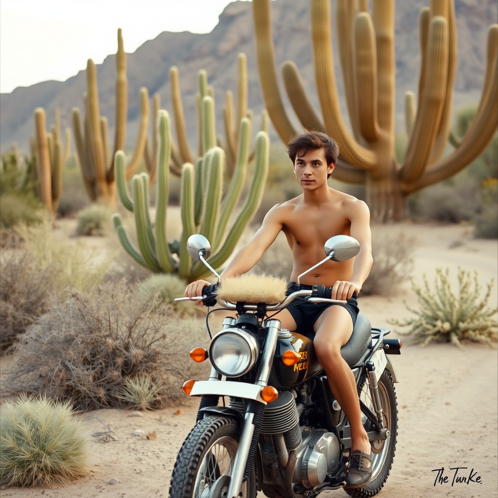 This intriguing image captures a shirtless young man riding a vintage motorcycle through a desert landscape populated by tall cacti. The scene conveys a sense of adventure and freedom, with the natural desert setting providing a rugged backdrop to the motorcyclist's journey. The soft, warm lighting enhances the earthy tones of both the desert and the rider's sun-kissed skin.