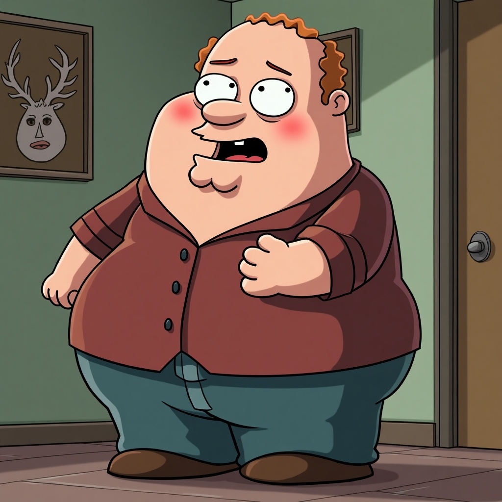 Character named Thomas Rogan from House Of The Dead 3 shown in a Family Guy style. The character has a round build and is wearing a brown shirt and blue pants. The expression conveys concern or surprise. Background includes simple details like a door and a framed picture.