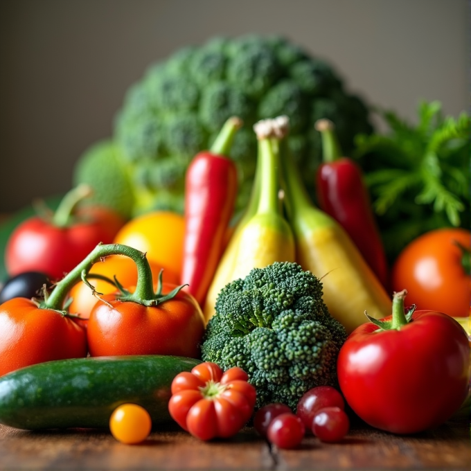 A vibrant assortment of fresh vegetables and fruits including tomatoes, broccoli, peppers, and more.