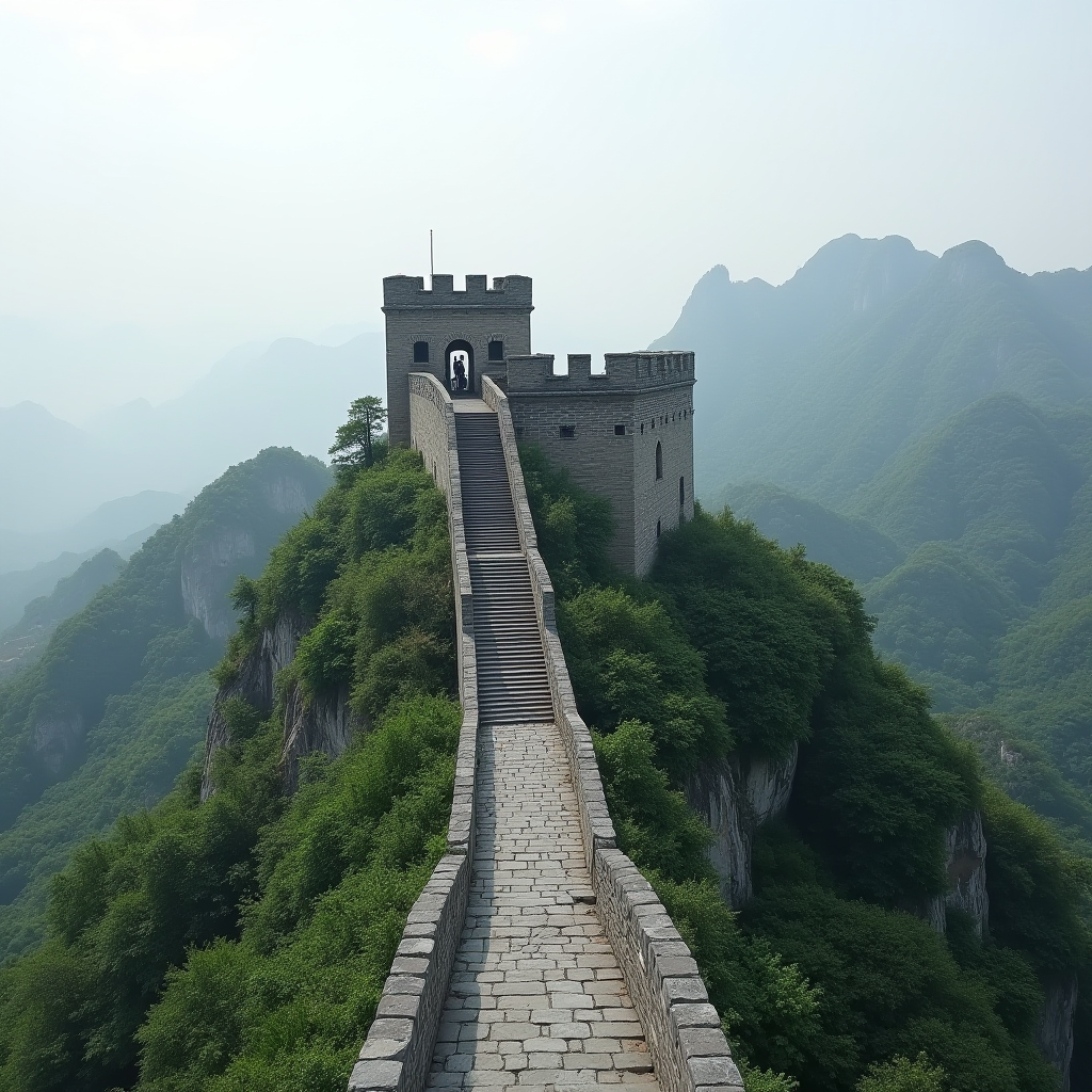 A stone pathway leads to a fortified tower, surrounded by lush green hills under a misty sky.