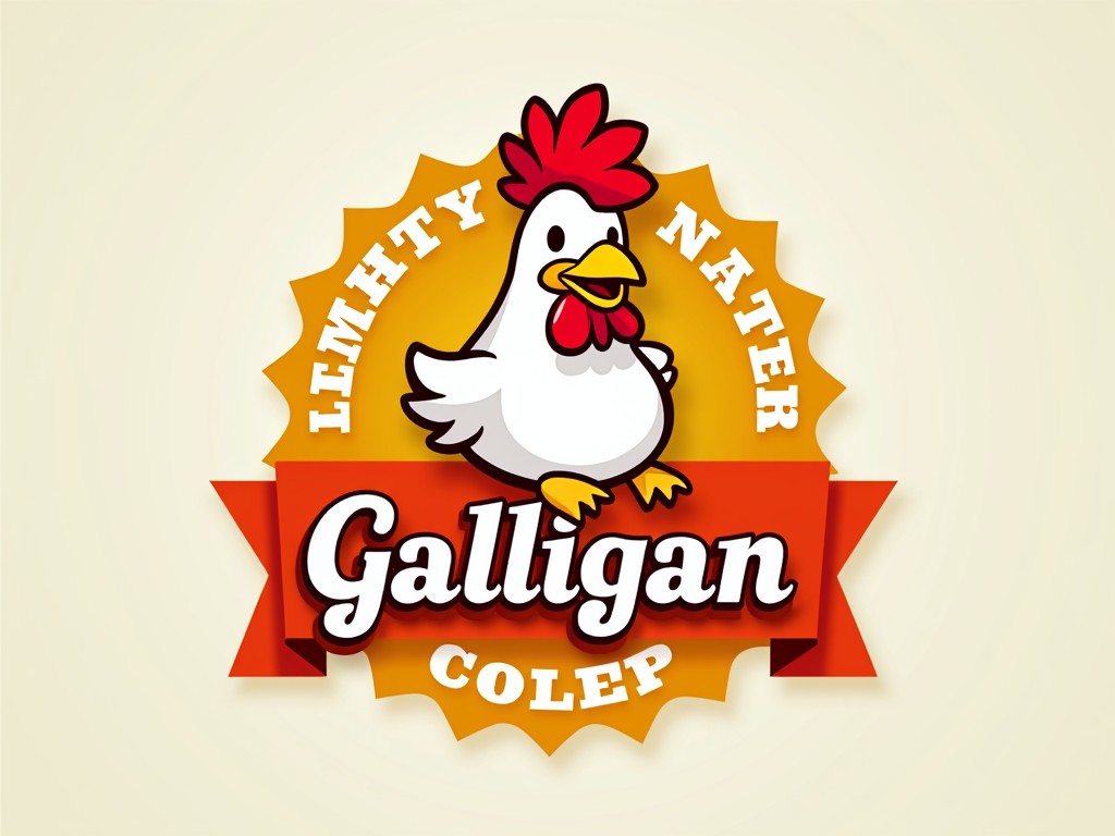 This vibrant logo features a cartoon-style chicken with a red comb and wattle, standing prominently against an orange emblematic background. The bold white text 'Galligan' is set within a red banner, complemented by playful typography and a starburst design around the chicken. The overall image conveys a sense of warmth and nostalgia, evoking classic branding aesthetics.