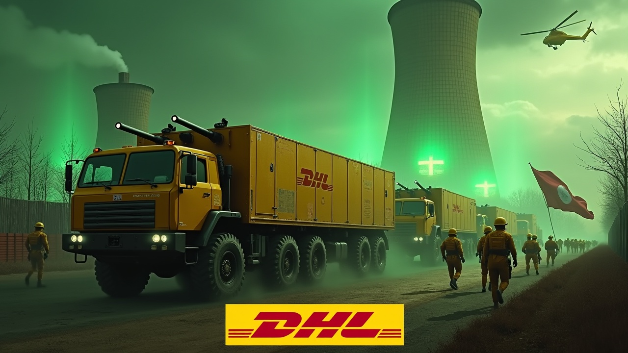 In a dramatic scene, several large yellow armored trucks, equipped with double-barrel roof-mounted cannons, drive up to a fence. The trucks prominently display the DHL logo on their sides. Nearby, soldiers in yellow uniforms march in unison, some holding rifles. One soldier proudly waves a flag featuring the DHL logo. In the background, the green glowing smokestacks of a nuclear power plant loom ominously, while a yellow Chinook CH-47 helicopter flies overhead, enhancing the intensity of the scene. The DHL logo is displayed prominently at the bottom of the image.