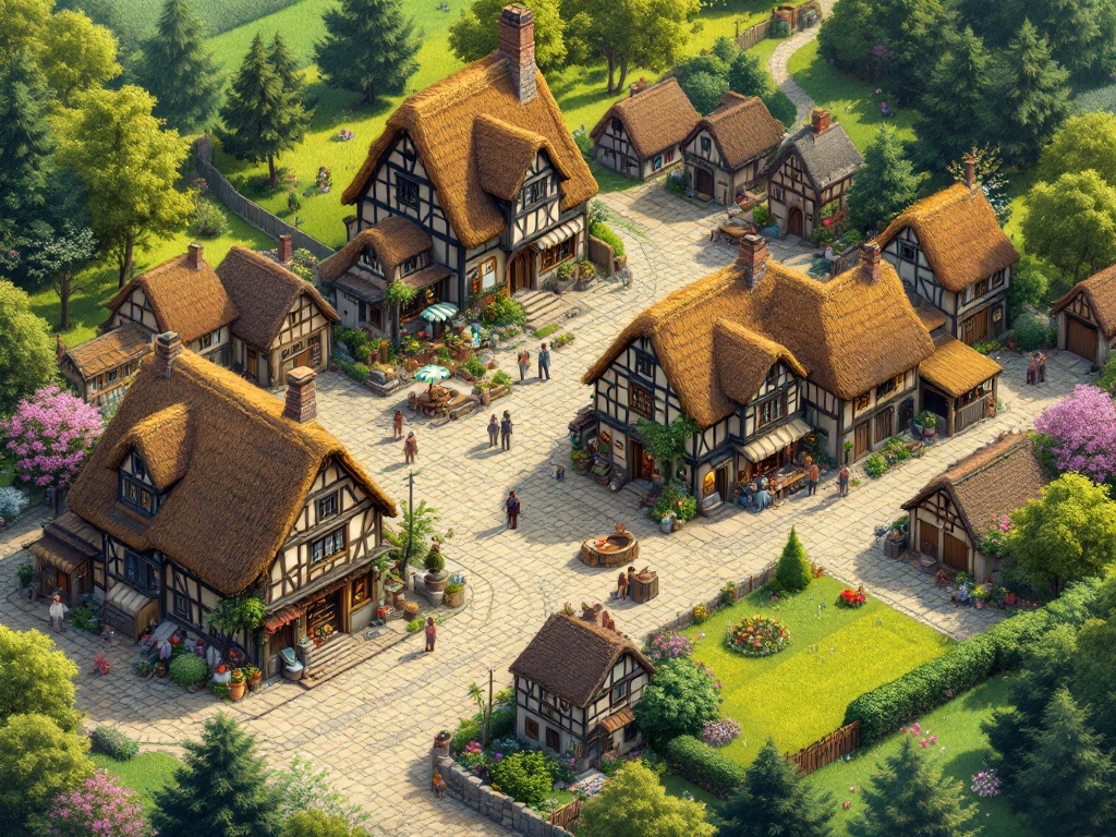 Isometric view of a medieval town with half-timbered houses. The town center features shops and cafes. Blacksmiths and carpenters are near the outer edges. Farms surround the area with vibrant flowers in spring. Dense forests and meadows border the town, creating a tranquil scene.