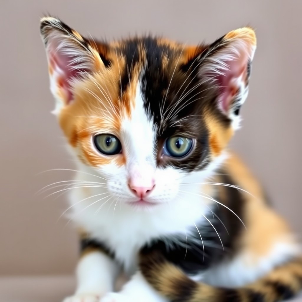 A close-up of an adorable calico kitten with striking blue and green eyes.