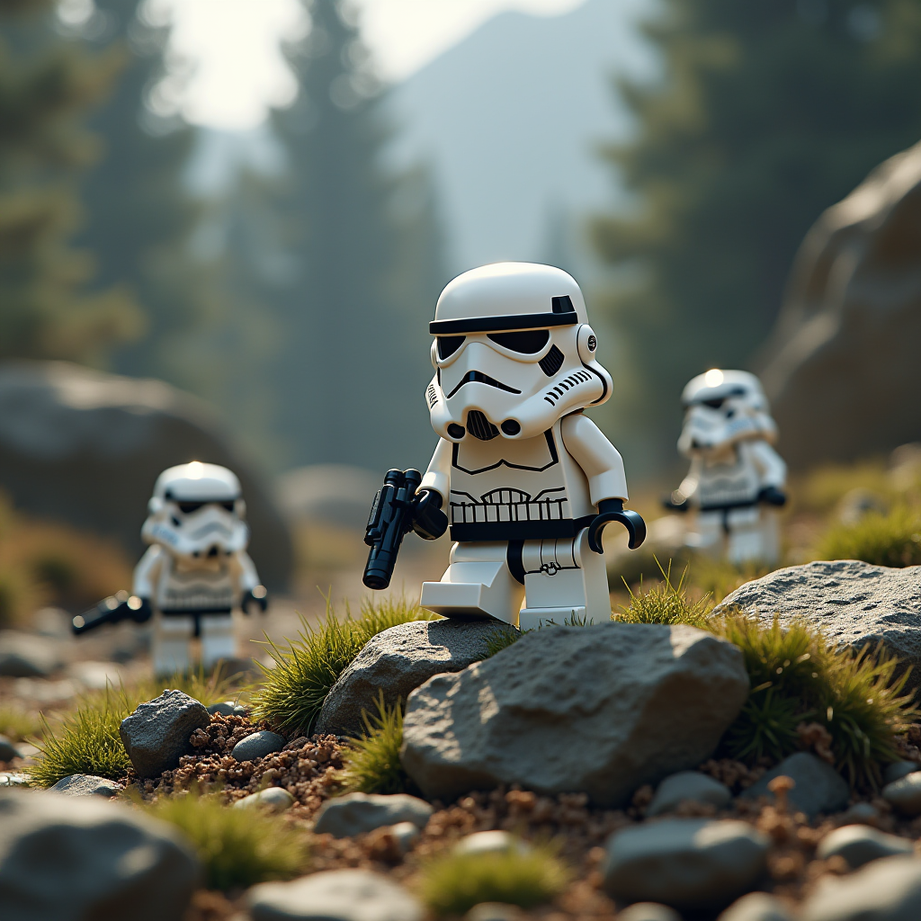 LEGO stormtroopers explore a lush, rocky forest terrain.