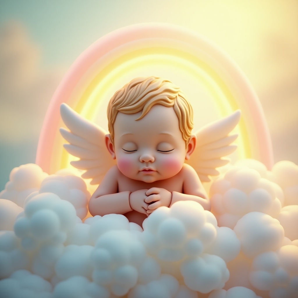 A cherubic baby boy named Luke is peacefully resting on soft white clouds. He has delicate wings and is surrounded by a rainbow in the background. The setting is whimsical and dream-like, evoking feelings of serenity and joy. The colors are pastel and soft, creating a warm and comforting atmosphere. This image symbolizes innocence and purity, perfect for a nursery or children's decor.