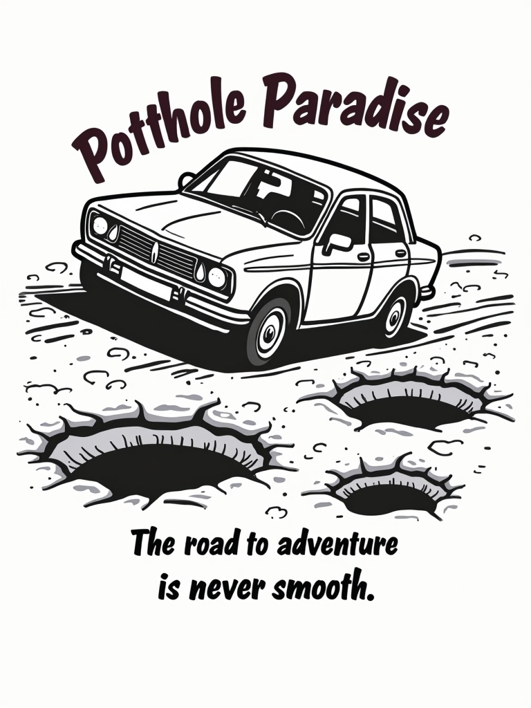 Design showing a car driving over smiling potholes. Caption reads Pothole Paradise: The road to adventure is never smooth. Suitable for T-shirt design. White background, vector graphic.