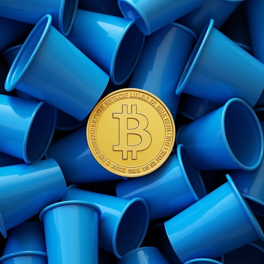 Gold Bitcoin coin surrounded by a pile of inverted blue plastic cups.