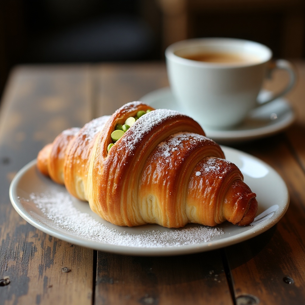 The image features a beautifully plated pistachio croissant on a white dish, with some powdered sugar sprinkled on top. In the background, there is a cup of coffee on a saucer, suggesting a cozy café setting. The table is wooden, giving a rustic charm to the scene. Soft, natural light illuminates the croissant, enhancing its golden-brown layers. The overall mood is inviting and warm, perfect for a breakfast or brunch setting.