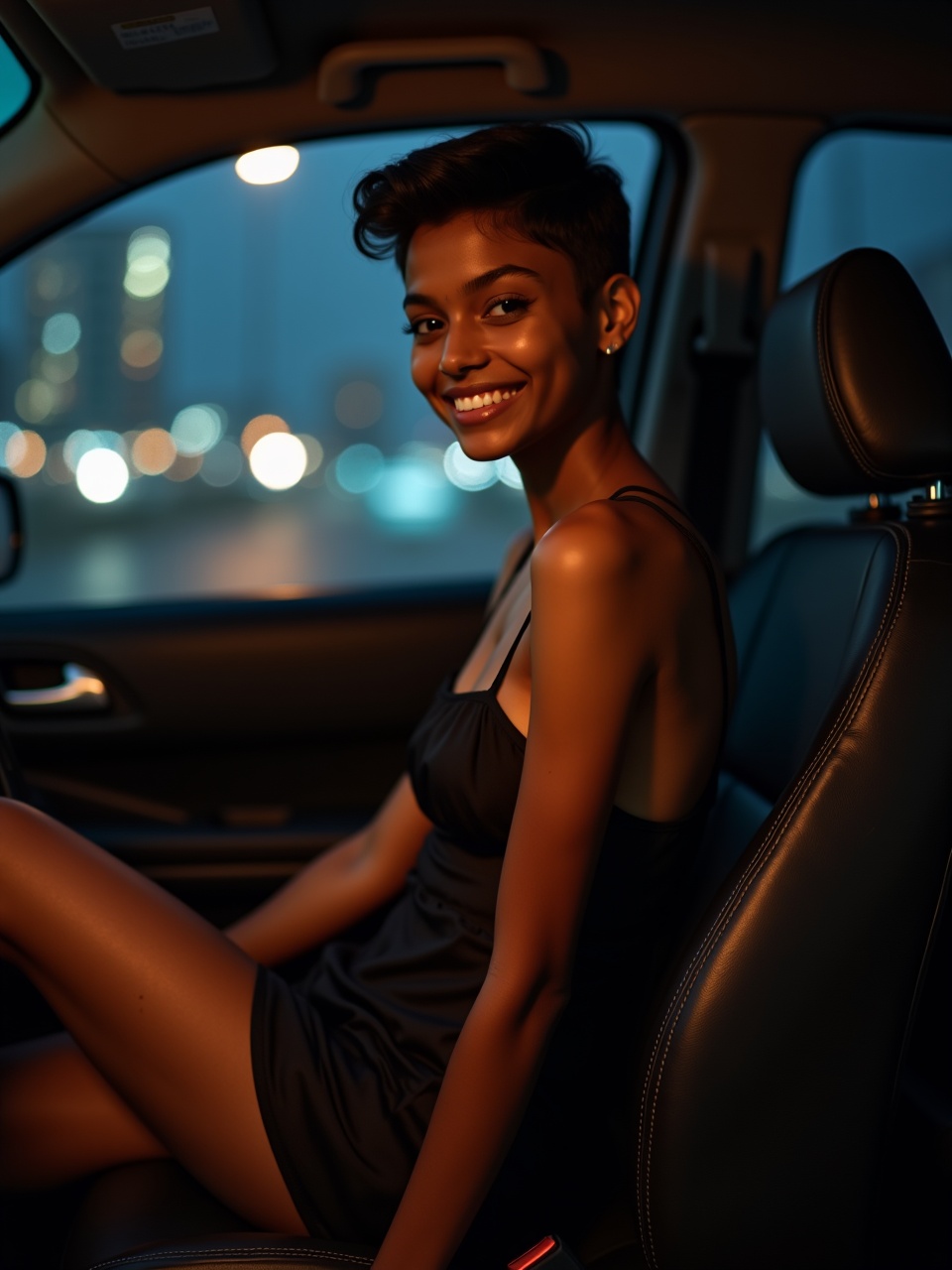 a woman in a black dress sitting in a car with city lights bokeh in the background, smiling warmly, evening setting.