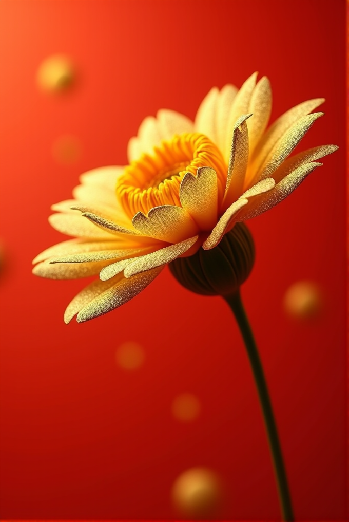 A yellow flower with intricate petals stands against a vibrant red background.