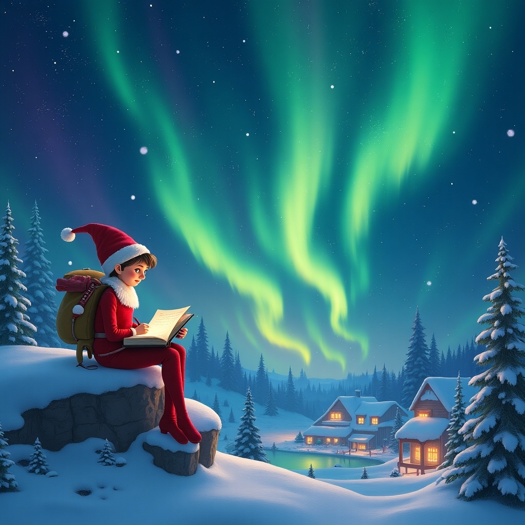 This enchanting image captures the whimsical spirit of Christmas. A young elf in a red outfit sits on a snowy rock, engrossed in writing a list. The background features a serene village, illuminated by the soft glow of the northern lights. Snow-covered trees frame the scene, enhancing the magical atmosphere. The elf is writing names in the sky, symbolizing the festive season. This artwork embodies holiday cheer and the joy of childhood imagination.