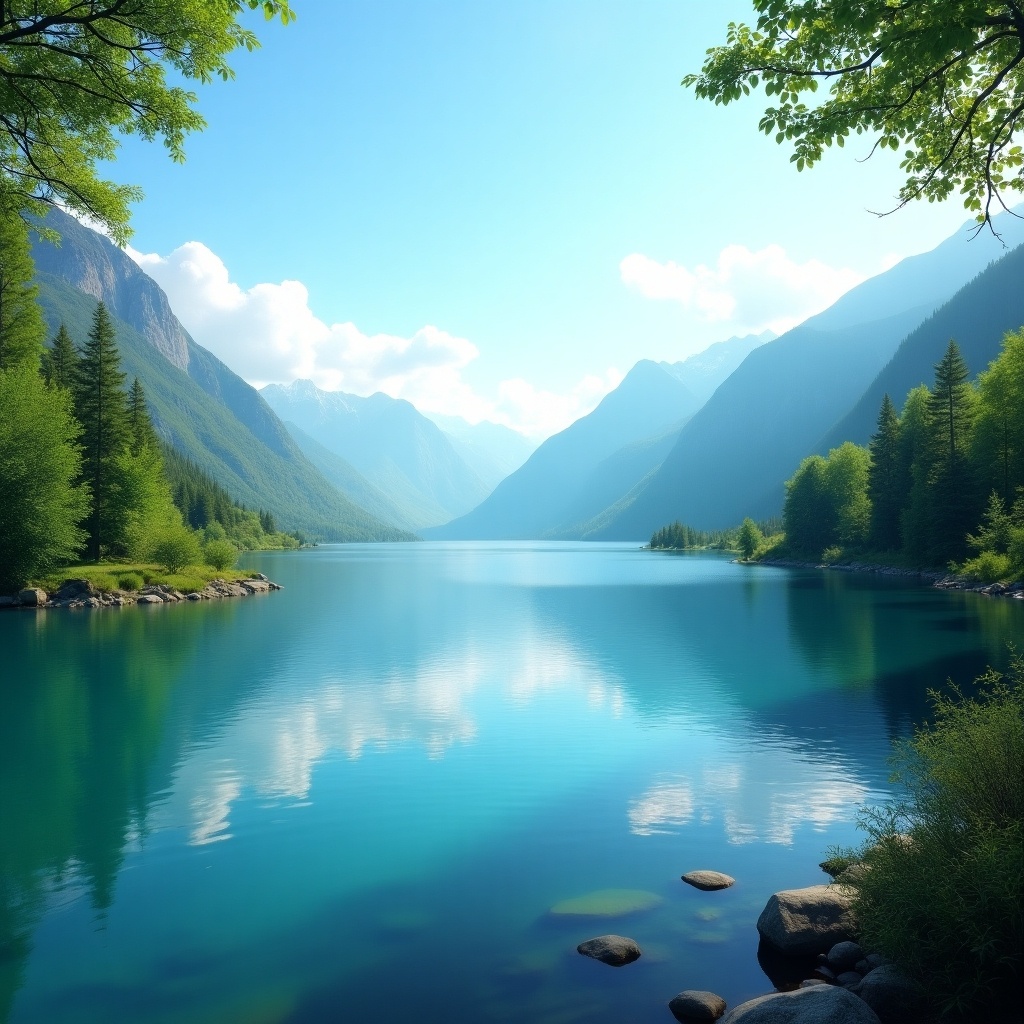 This image showcases a serene lake nestled between majestic mountains. The water is crystal clear, reflecting the stunning scenery around it. Lush green trees border the lake, adding vibrancy to the landscape. The sky is bright blue with a few fluffy white clouds. It captures a tranquil moment in nature, inviting viewers to experience its beauty.