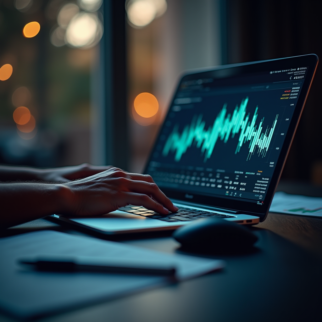 A person analyzing stock market data on a laptop at dusk.