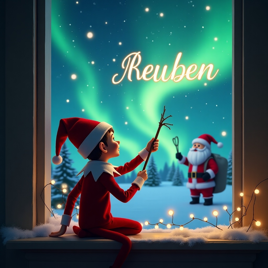 The image depicts a cheerful elf on the shelf, with his back to the viewer, gazing at the vibrant sky filled with northern lights. He is using a small magical wand to write the name 'Reuben' in glowing letters. In the background, Santa Claus can be seen cheerfully holding a bag of presents. The scene is framed by a cozy window adorned with fairy lights, creating a warm holiday atmosphere. Snow is gently falling outside, contributing to the festive feeling of the night.