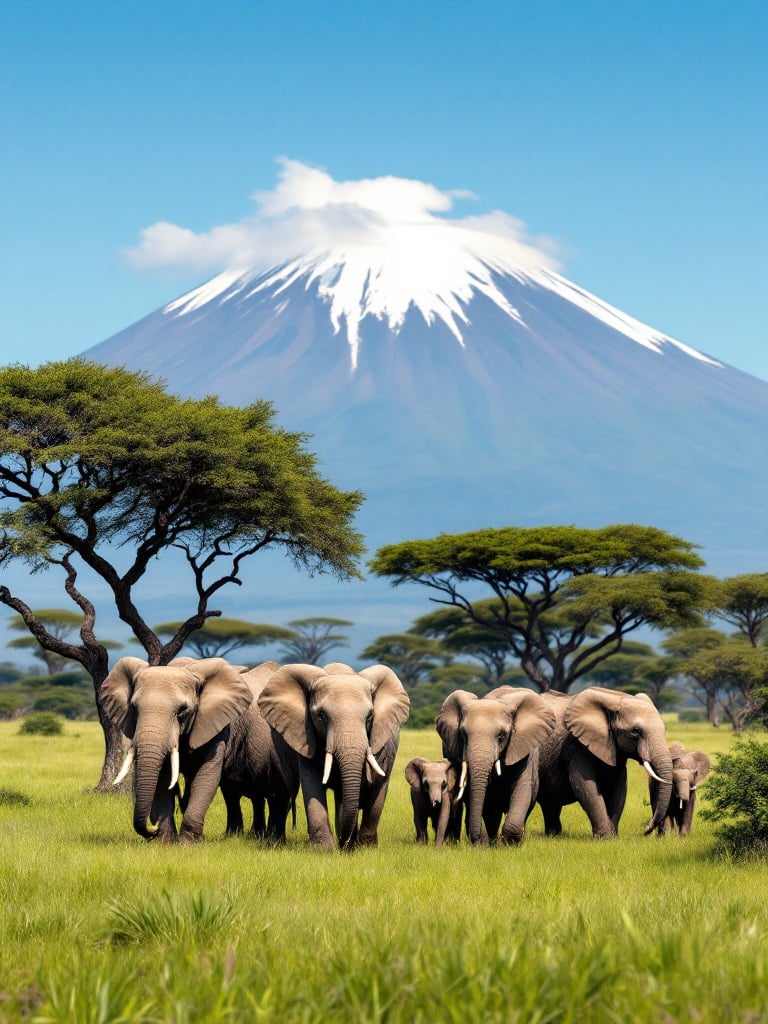 High-definition detailed image of a herd of elephants walking gracefully on vibrant green grass. Surrounded by scattered acacia trees typical of the African savannah. In the background, Mount Kilimanjaro with snow-capped peak under a clear blue sky. Elephants in sharp focus, serene and picturesque scene showcasing beauty of African wildlife and landscape. Trees add depth and richness to environment without obstructing mountain view.