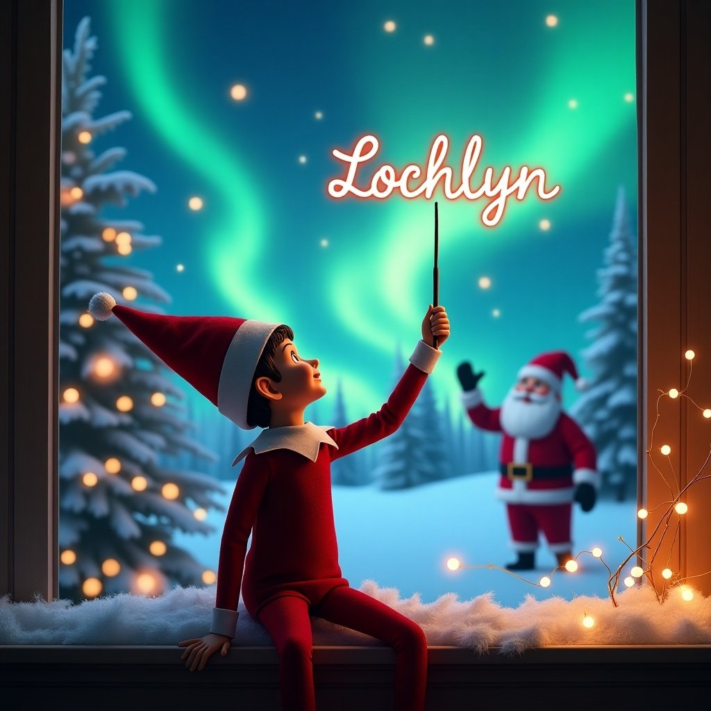 In this enchanting Christmas scene, an elf is sitting with his back to the viewer, gazing up at the night sky. He holds a magic wand, creating the name 'Lochlyn' in the air above him. The background is filled with shimmering northern lights, casting a magical glow across the snowy landscape. In the distance, Santa Claus can be seen, adding to the festive spirit. The setting includes soft snowfall and twinkling lights, enhancing the holiday atmosphere.