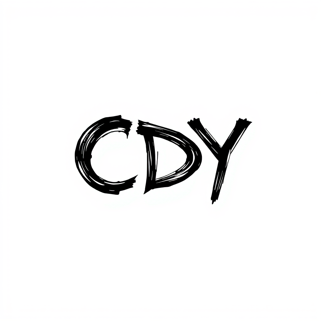 The image features a minimalistic design showcasing the letters 'CDY' on a plain white background. The typography is bold and artistic, resembling brush strokes with uneven, textured edges. Each letter varies slightly in thickness, giving a dynamic and handcrafted feel. The overall aesthetic is modern and expressive, suitable for a creative or artistic theme.