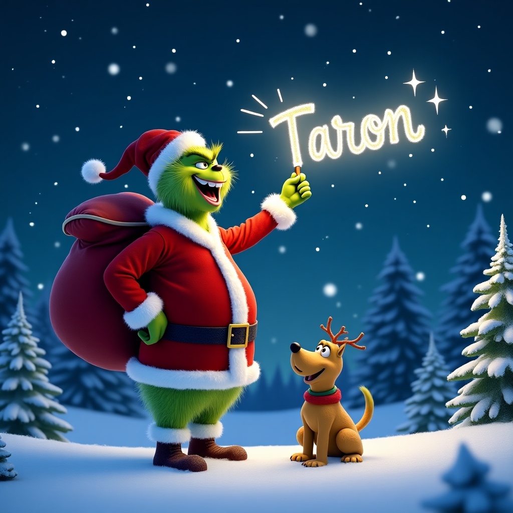 An animated Grinch character stands in a snowy landscape, joyfully writing ‘Taron’ in the night sky with a magical light. Dressed in a festive red suit with white trim, the Grinch carries a large sack on his back. Beside him, his companion Max, a cheerful dog, watches in delight. The backdrop features a night sky filled with twinkling stars, and gentle snowflakes fall around them. Pine trees frame the scene, enhancing the winter wonderland aesthetic. The overall mood is festive and cheerful, perfect for holiday celebrations.