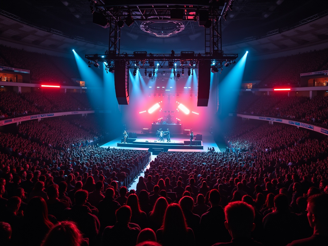 The image captures a live music concert. The stage is brightly lit with blue and red lights, creating an energetic atmosphere. In the background, a large audience can be seen, eagerly watching the performance. The musicians are playing on stage, and the excitement is palpable. The scene is set in a large arena, emphasizing the scale of the event. Overall, it conveys the thrill of live music experiences.