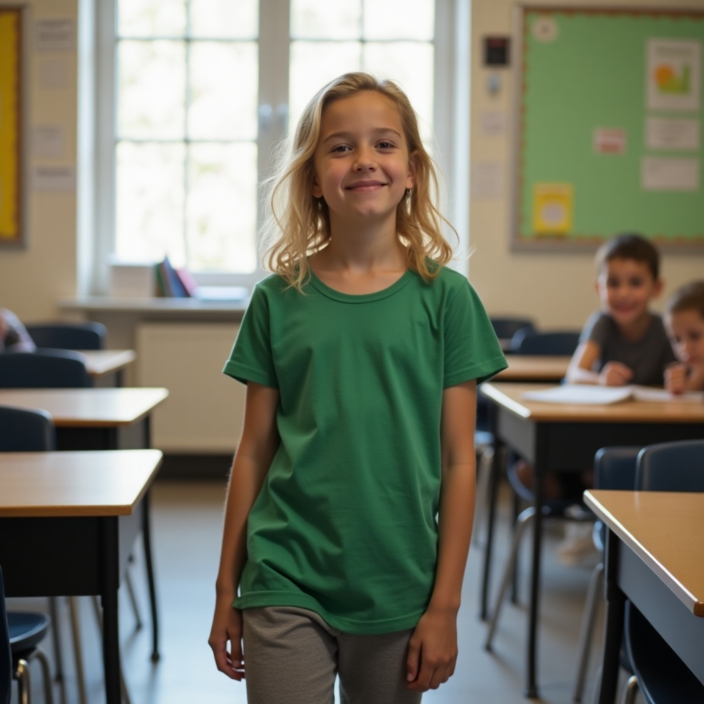 A 12 year old girl in a green T-shirt and gray pants stands in a classroom. The classroom has tables and a window with natural light. The girl smiles while looking down the aisle. Other children are present in the background.