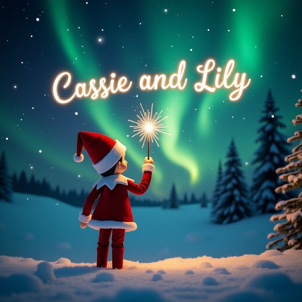 This image depicts an enchanting Christmas scene featuring an elf on the shelf, with its back to the viewer. The elf is dressed in a traditional red and white outfit and wields a magic wand. Above the elf, glowing letters spell 'Cassie and Lily,' adding a personal touch to the festive atmosphere. The backdrop is alive with vibrant northern lights, bathing the winter landscape in magical hues. The snowy ground enhances the serene ambiance, capturing the enchanting spirit of the holiday season.