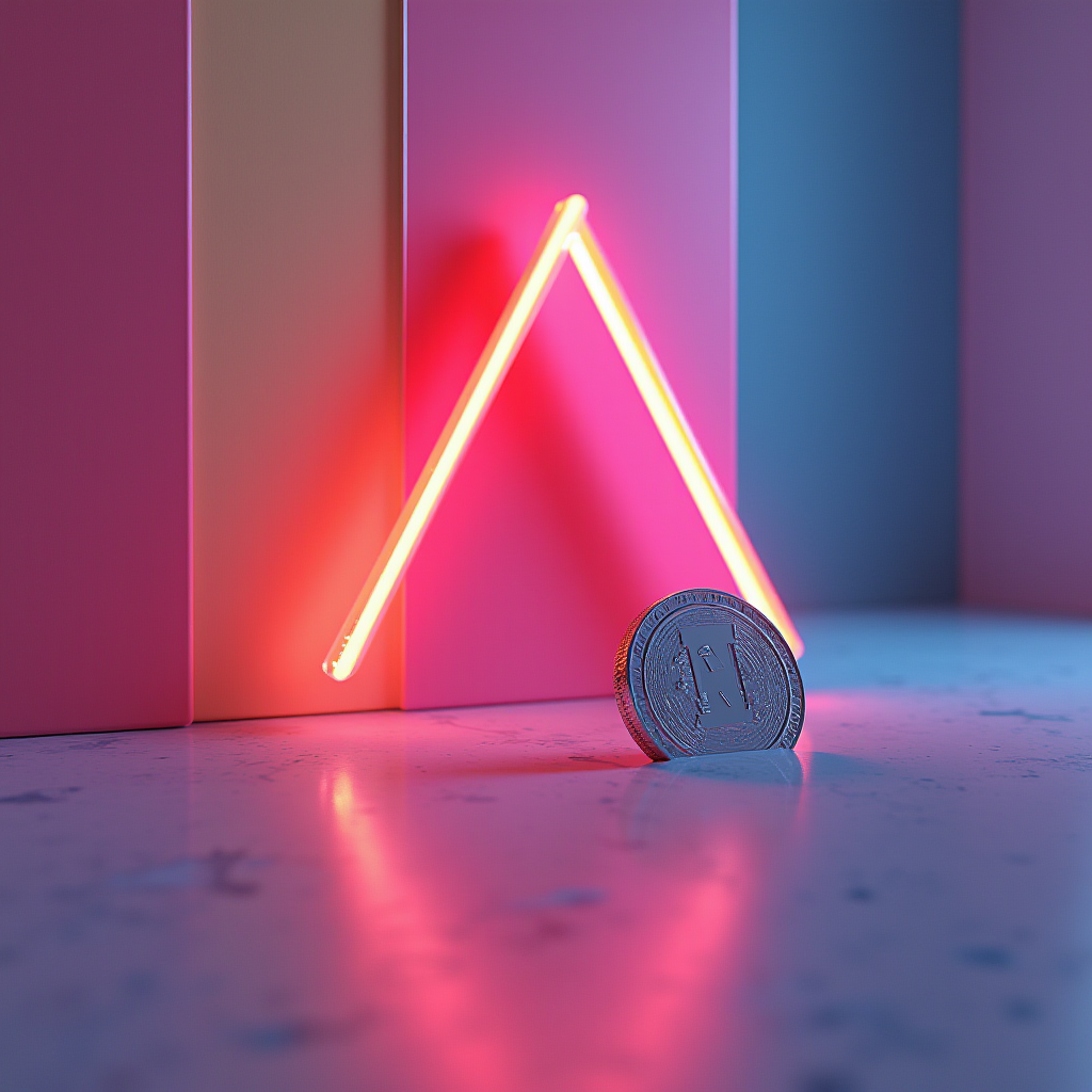 A luminous pink neon triangle casts a glow on a standing coin against a colorful background.