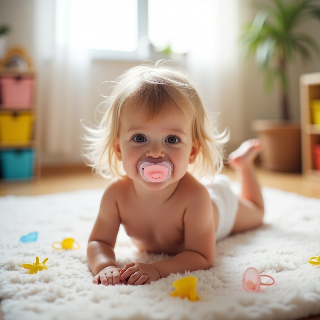 A cute toddler girl lies on her back on a soft surface, enjoying a moment with her pink pacifier. The room is brightened by natural light coming through a window, accentuating her fine, long, straight light-blonde hair and large brown eyes. Scattered toys and colorful furniture add a playful vibe to the cozy atmosphere. This image beautifully captures a tender moment of early childhood, making it ideal for parenting content. The scene illustrates the innocence and joy of young children, showcasing a relatable experience for parents.