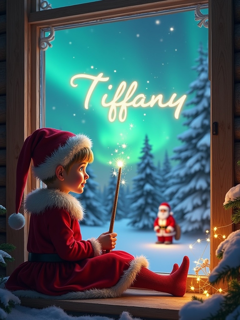 Young elf character sitting by a cozy window during Christmas dressed in festive outfit. Facing breathtaking northern lights outside. Using a wand to write 'Tiffany' in the sky. Santa Claus in the background. Peaceful winter wonderland with snow-covered trees.