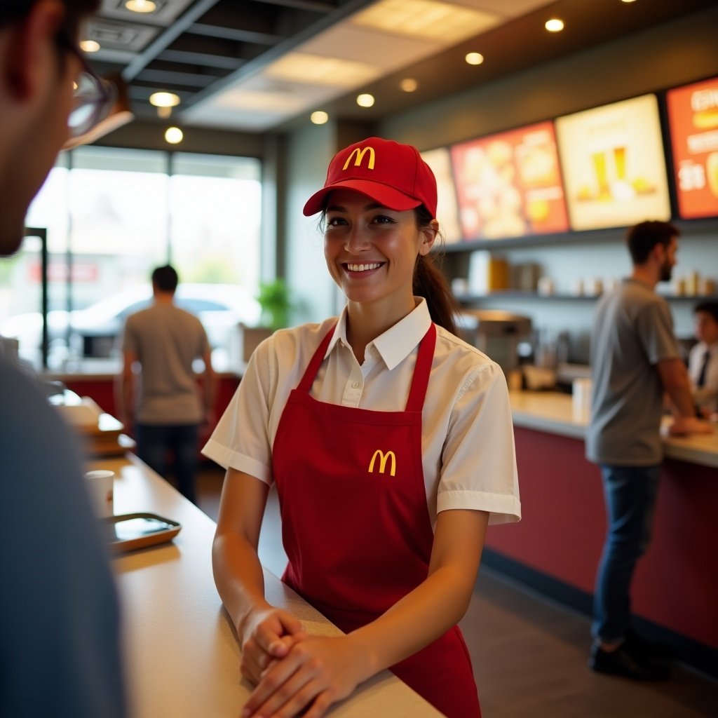 McDonald's employee in uniform at a fast food restaurant. Employee interacting with customers in a restaurant setting. Bright interior with menu displays.