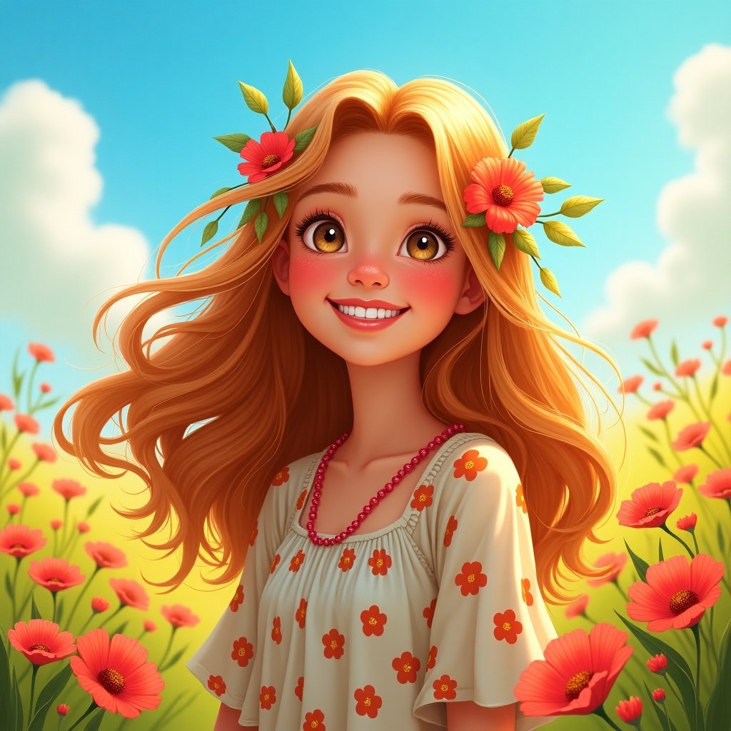 This image features a cheerful young girl with long, flowing hair adorned with flowers. She has bright, expressive eyes and is smiling radiantly. The background is filled with blooming poppy flowers under a clear blue sky. Her outfit is light and adorned with colorful floral patterns, enhancing the joyful theme. This artwork captures a sense of happiness and connection to nature, evoking feelings of warmth and positivity.