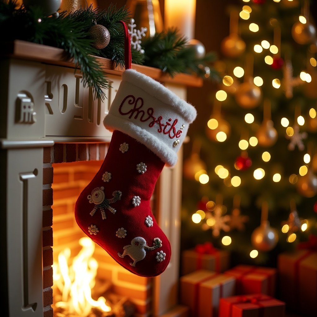 Close-up of a decorated Christmas stocking hanging by a cozy fireplace. Stocking features festive decorations. Soft light from the fire and Christmas tree creates a warm ambiance. Presents are visible nearby.