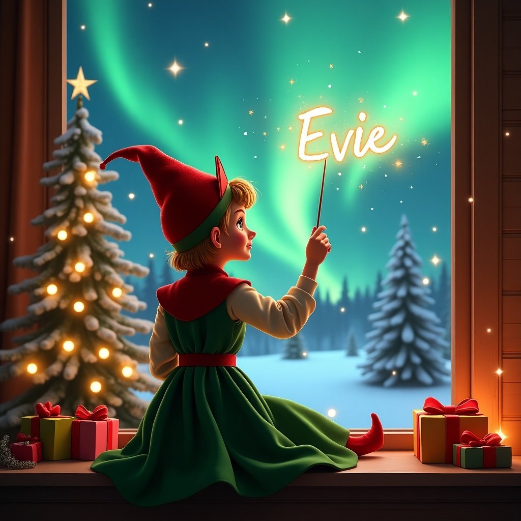 A red elf sits on a window sill, looking at a magical Christmas scene outside. She wears a lovely green dress and matching pointed hat. In her hand, she holds a wand, writing the name 'Evie' in the air. The background shines with colorful northern lights and a beautifully adorned Christmas tree. There are presents around her, and soft twinkling lights add warmth to the scene. This enchanting moment captures the spirit of the holiday season.