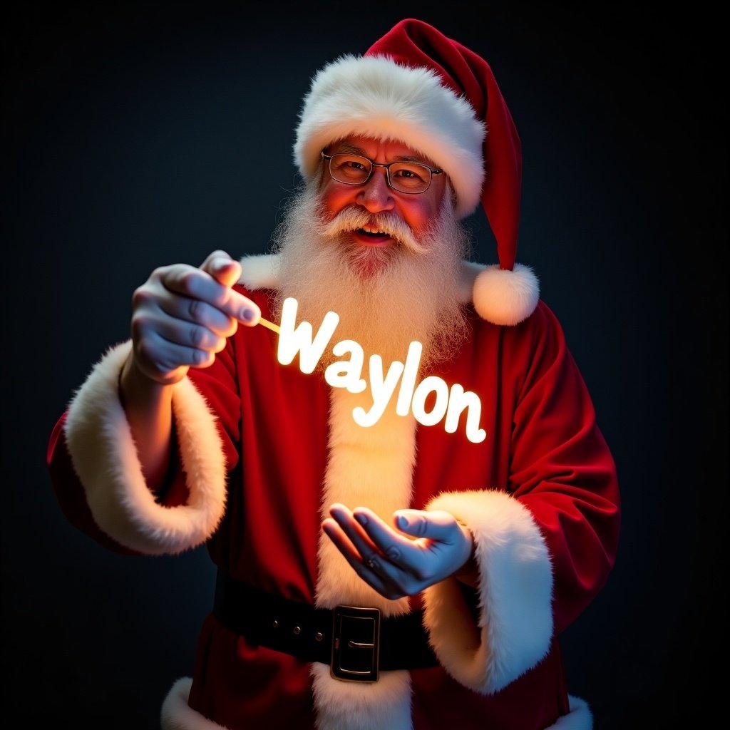 Santa Claus in traditional red suit holds glow stick forming name Waylon. Jolly expression radiates warmth and joy. Dark background enhances glow.