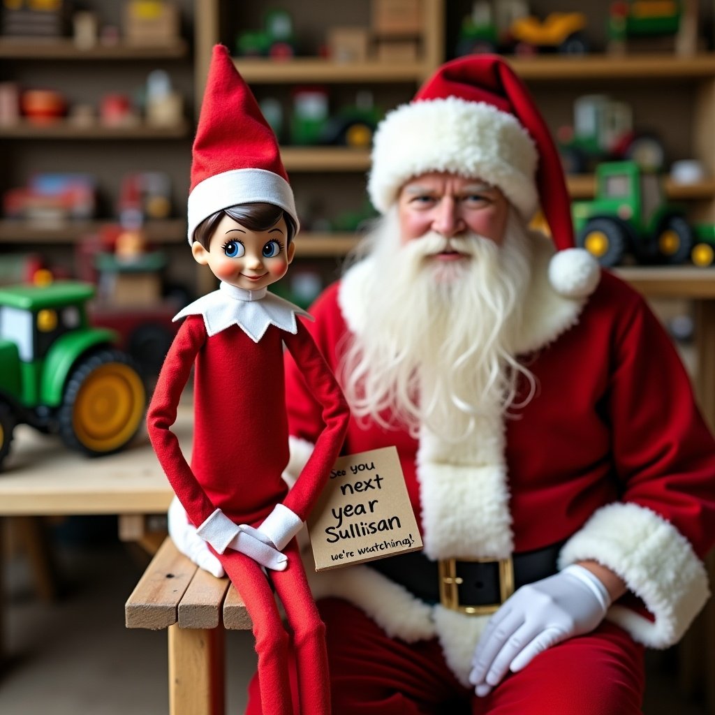 Elf on the shelf in traditional red outfit with white trim and collar holding a sign saying ‘See you next year Sullivan, be good, we’re watching!’ sitting with Santa in a toy workshop with toy cars and tractors in the background.