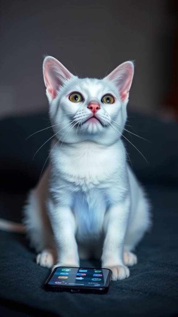 A white cat curiously looking at a smartphone lying in front of it.