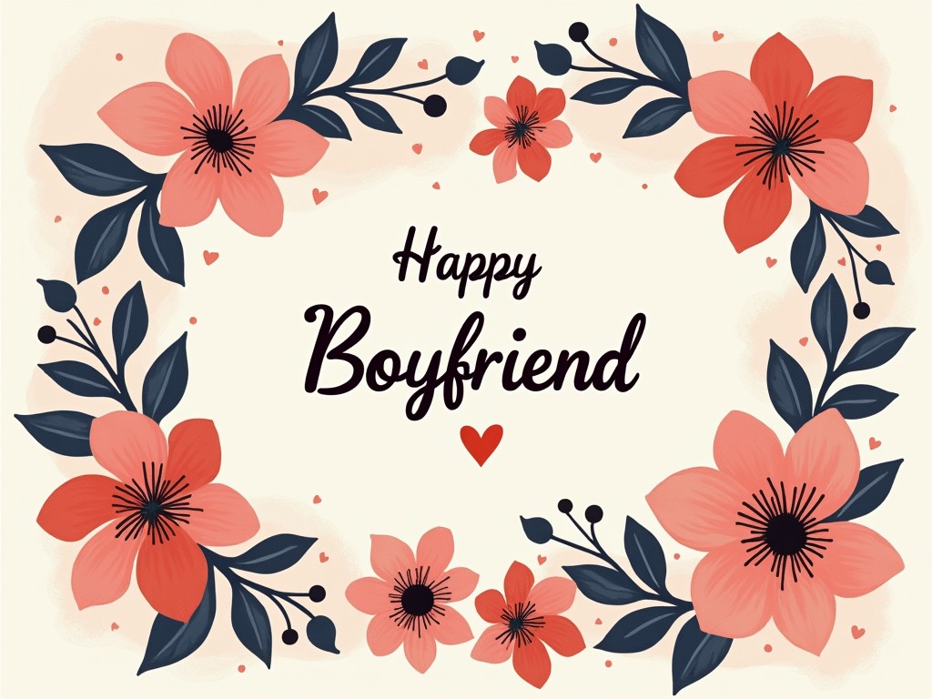 This image is a charming greeting card featuring a message in elegant lettering that reads 'Happy Boyfriend.' It is surrounded by a frame of stylized flowers in shades of coral and dark blue, creating a harmonious and visually appealing design. The central focal point is the sentimental message, enhanced by small heart motifs.