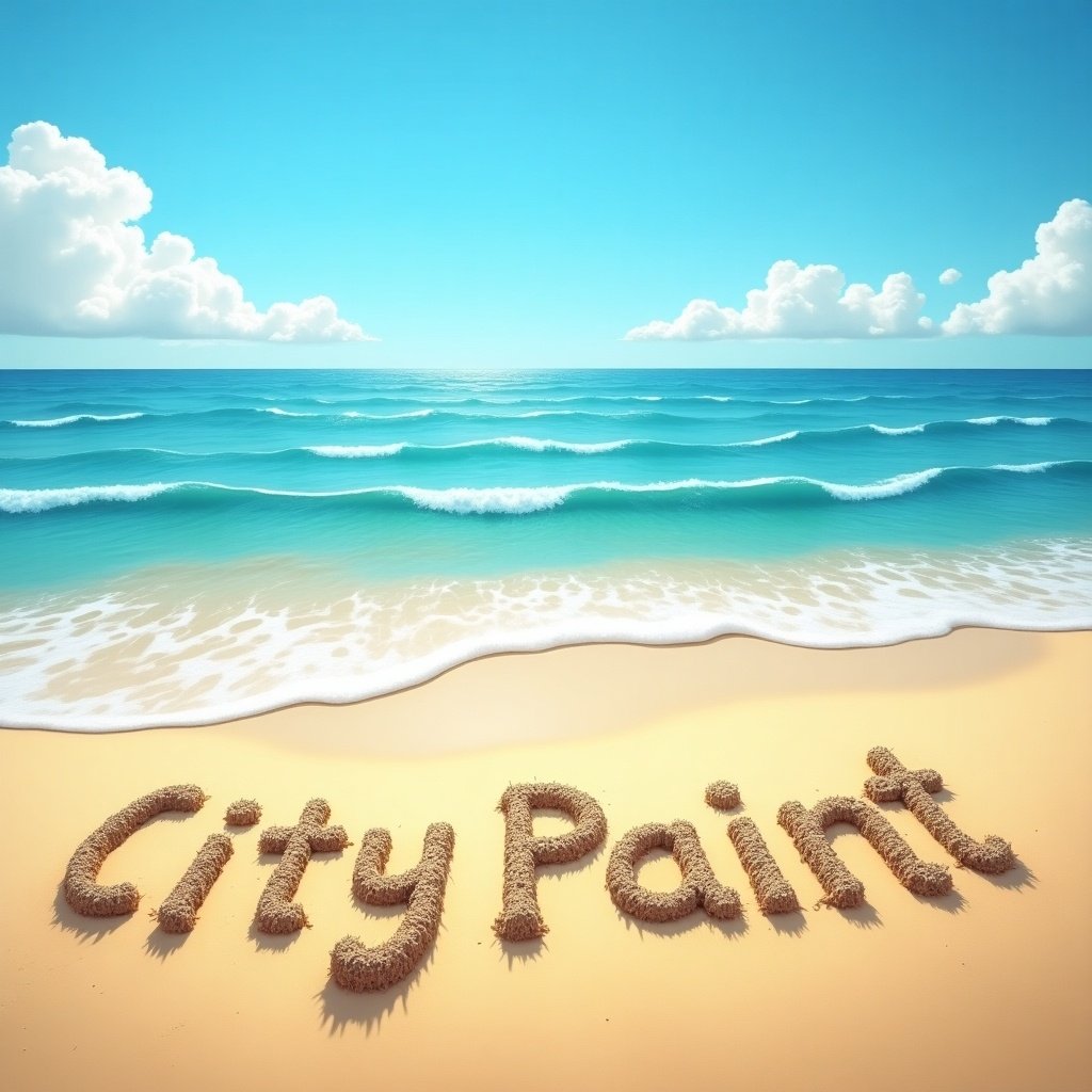 The image depicts a beautiful beach scene on a sunny day. The ocean is calm, with gentle waves lapping at the shore. In the foreground, the word 'City Paint' is written in the sand, showcasing a relaxed and playful vibe. The sky is a bright blue with a few fluffy clouds, adding to the serene atmosphere. The scene evokes feelings of warmth, tranquility, and fun. It captures the essence of a perfect day at the beach, ideal for leisure and enjoyment.