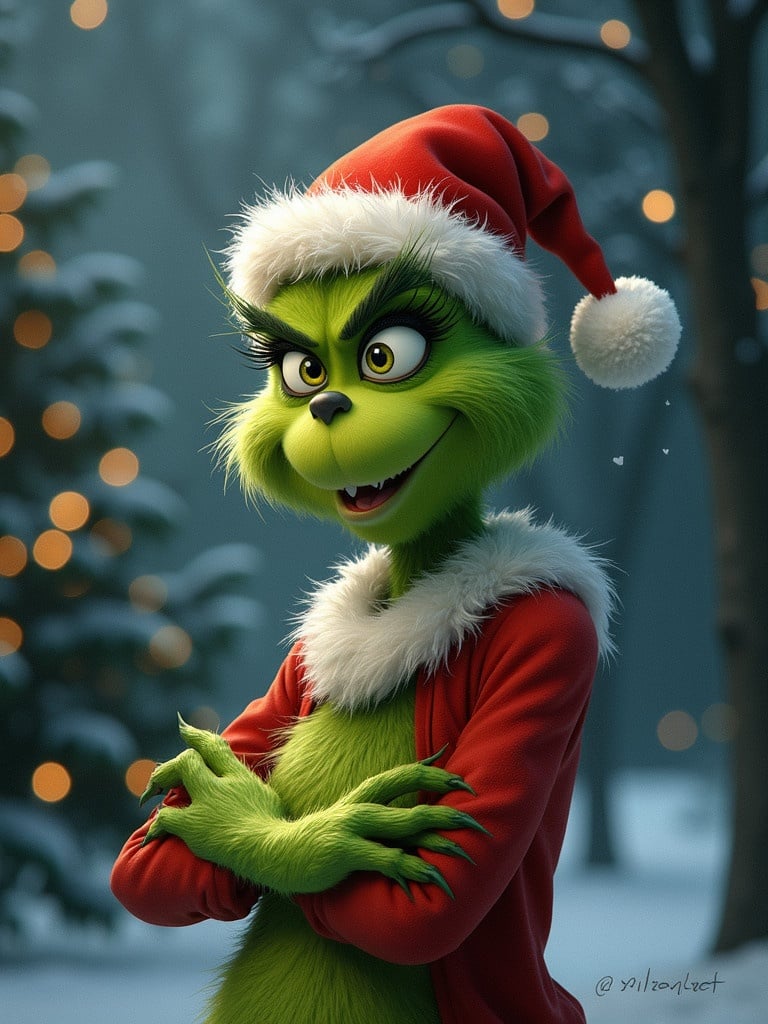 The Grinch character dressed in a Santa outfit. The background features a Christmas tree with warm lights. The Grinch has a mischievous expression and crossed arms. The atmosphere feels festive and playful.