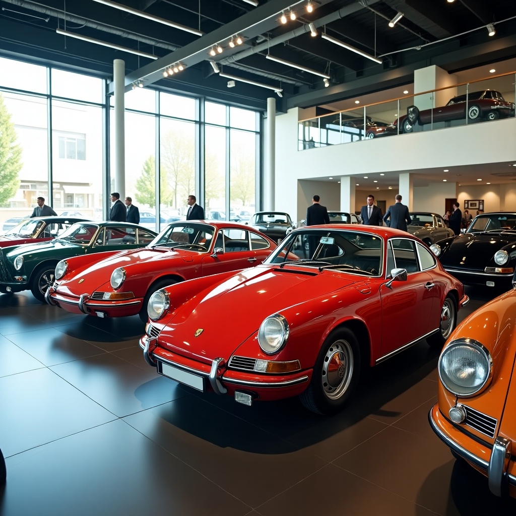 Image shows a modern car showroom with vintage cars. Several Porsches prominently displayed. Elegant design highlighted. Natural light floods through big windows. Visitors admire cars creating a vibrant atmosphere. Contemporary layout accentuates automobile beauty.