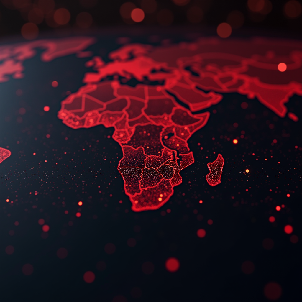 The image shows a digital map of Africa glowing in red with a futuristic, dotted design.