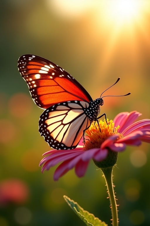 A red and white butterfly sits on a flower in a sunlit garden. The butterfly has delicate wings. The garden is bright and colorful with flowers. Sunlight shines softly in the background.