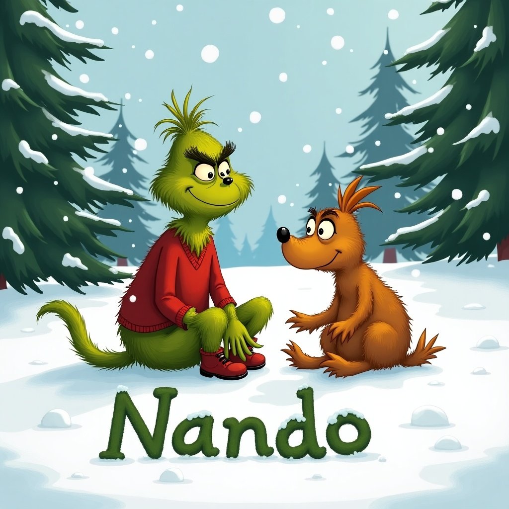 The Grinch sits with Max on snowy ground. They write Nando in the snow. Evergreen trees are in the background and snowflakes are falling.