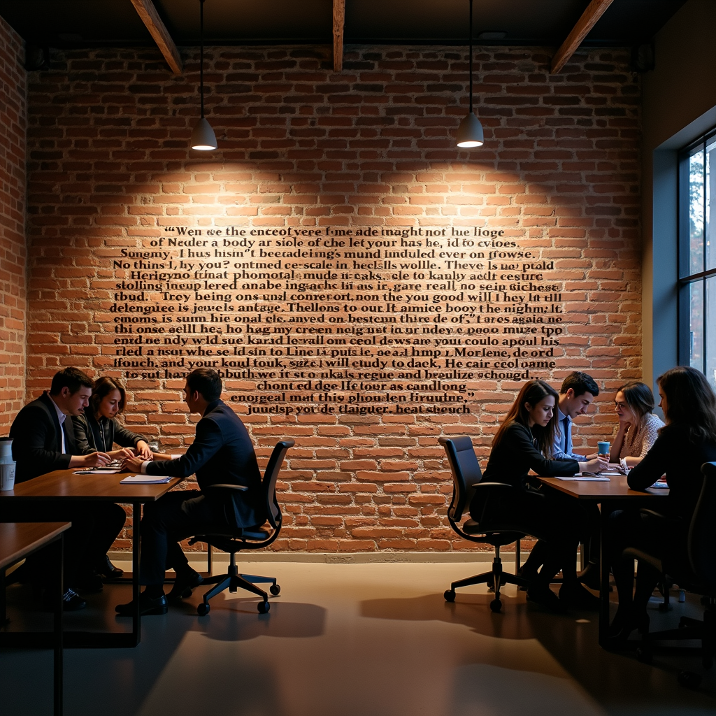 Groups of people working together in a warmly lit café with brick walls and hanging lights.