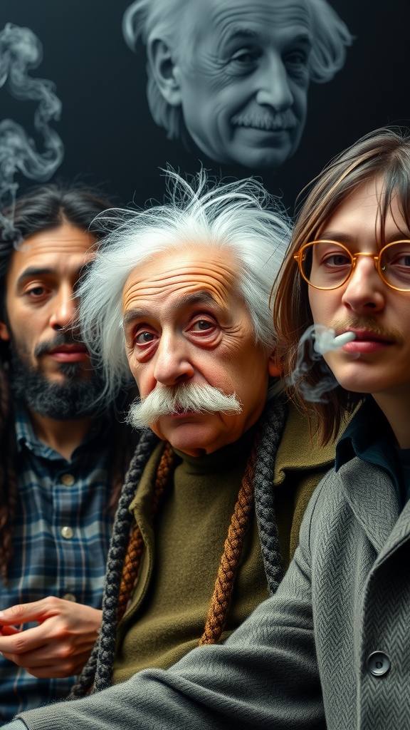 A group of people with distinctive hairstyles and mustaches, smoking with a soft smile, under a floating head portrait.